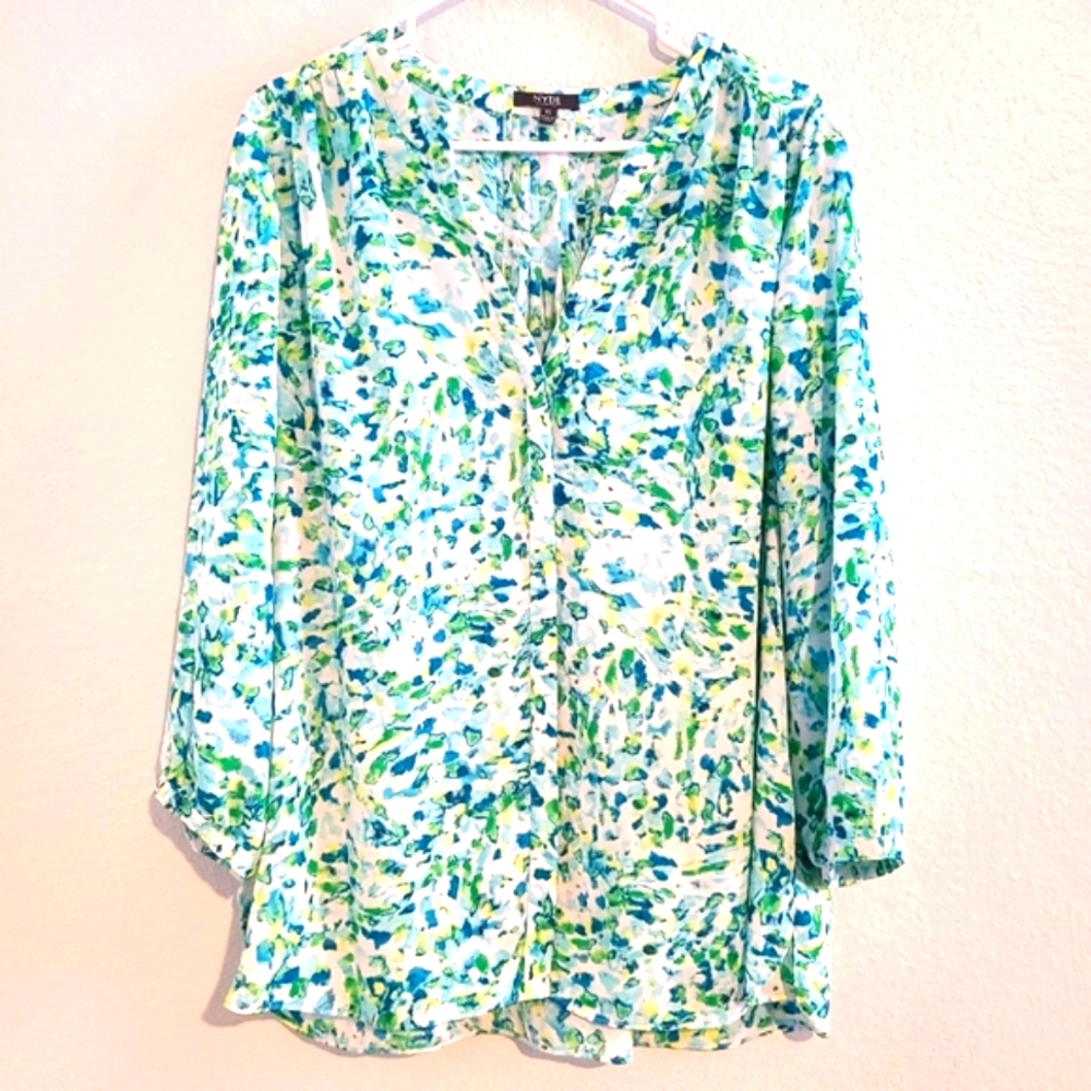 NYDJ 3/4 sleeve Teal Floral Blouse, Teal, White & Yellow, Size XL